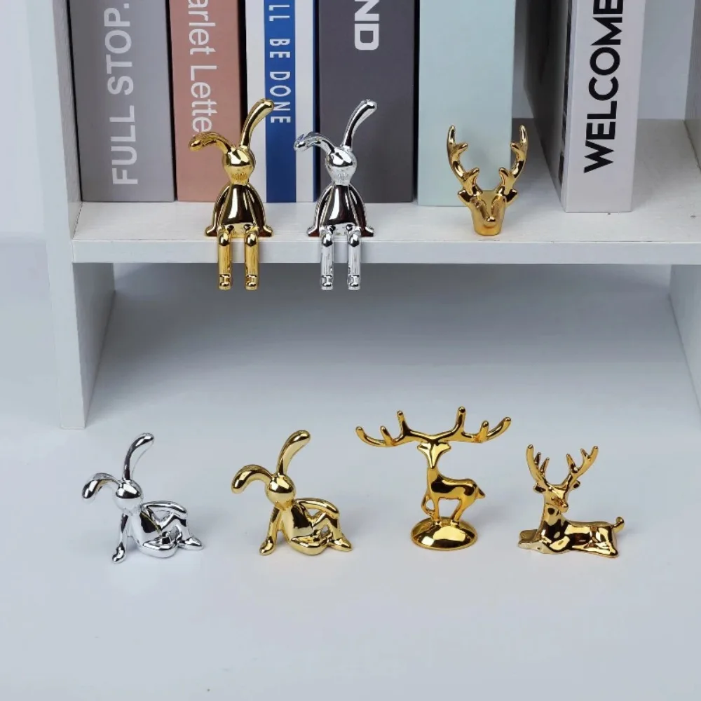 6Pcs Cute Elk Deer Rabbit Decorative Statue Plastic Electroplated 3D Ornament Long Eared Rabbit Handicraft Car Dashboard Toys