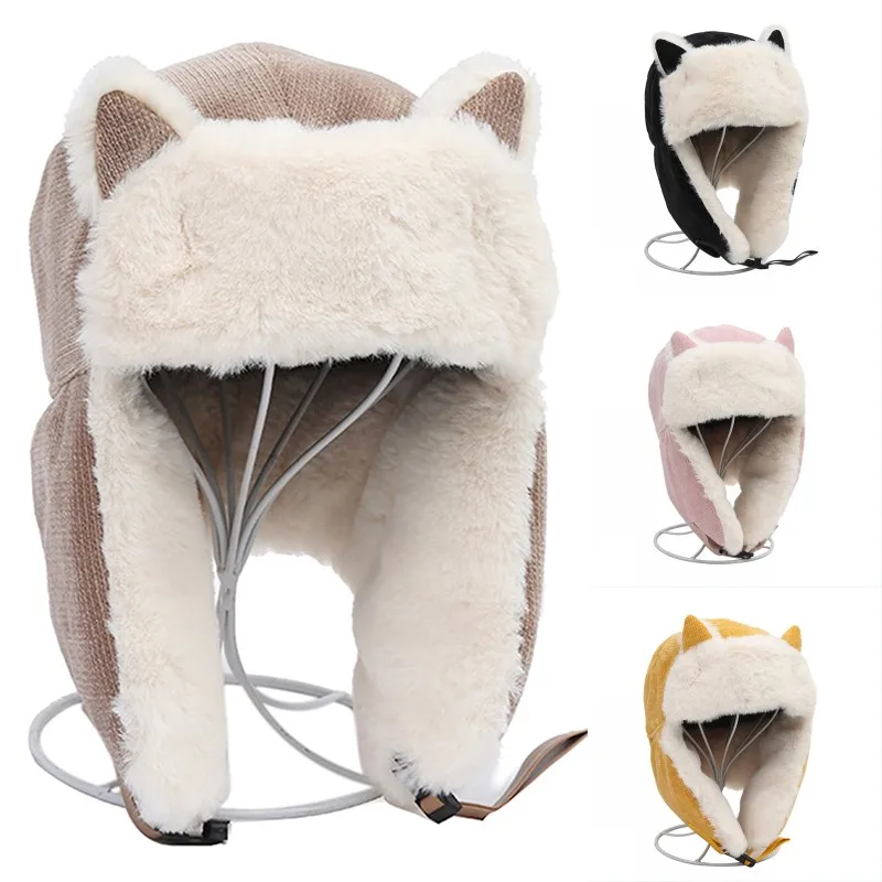 Winter Warm Thick Soft Plush Earmuffs Caps  Bomber Hats Outdoor Snowing Beanies Cat Ear Cashmere Hat Windproof Cotton Turban