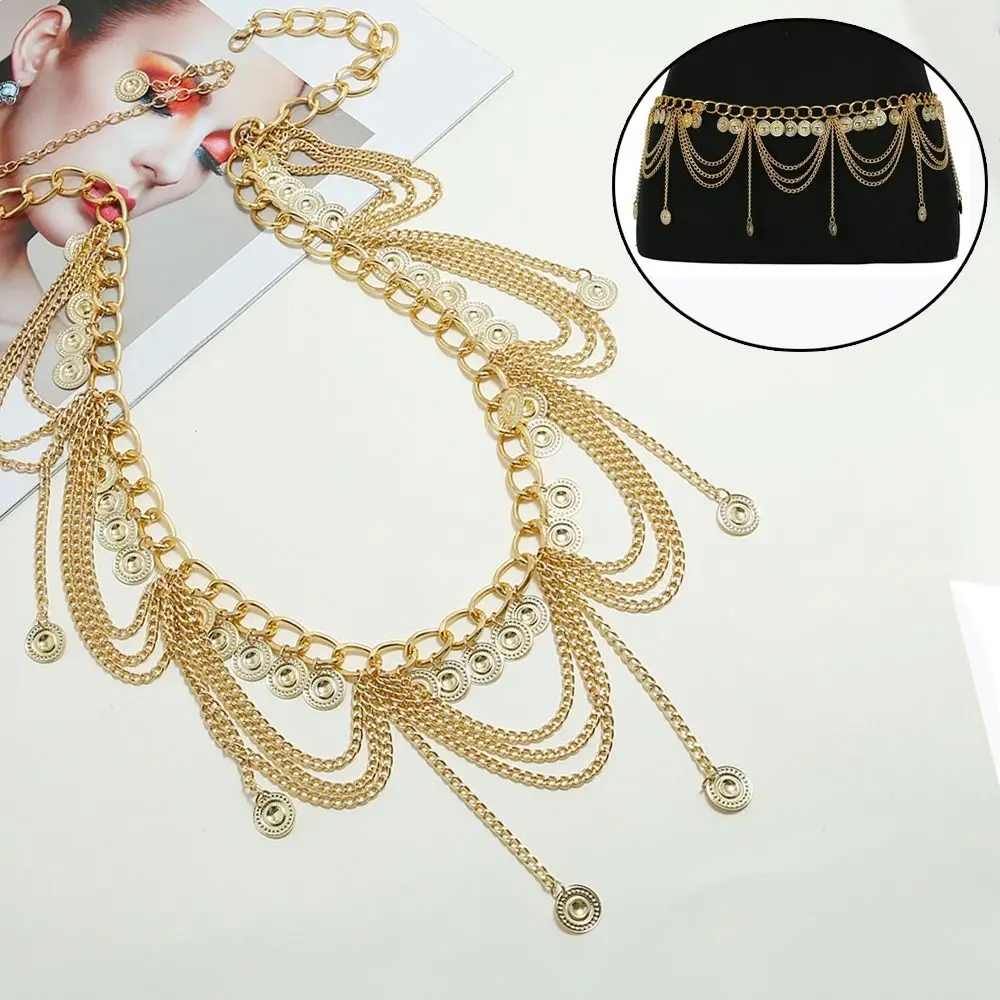 

Women Casual Body Harness Slimming Cummerbands Coin Tassel Pendant Waistband Crystal Waist Band Metal Chain Belt