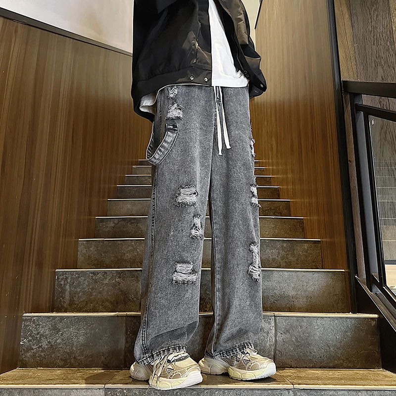 

Brand Men's Jeans Korean Style Version Student Casual Pants High Street Straight Loose Wide Leg Jeans Hole Baggy Jeans D131