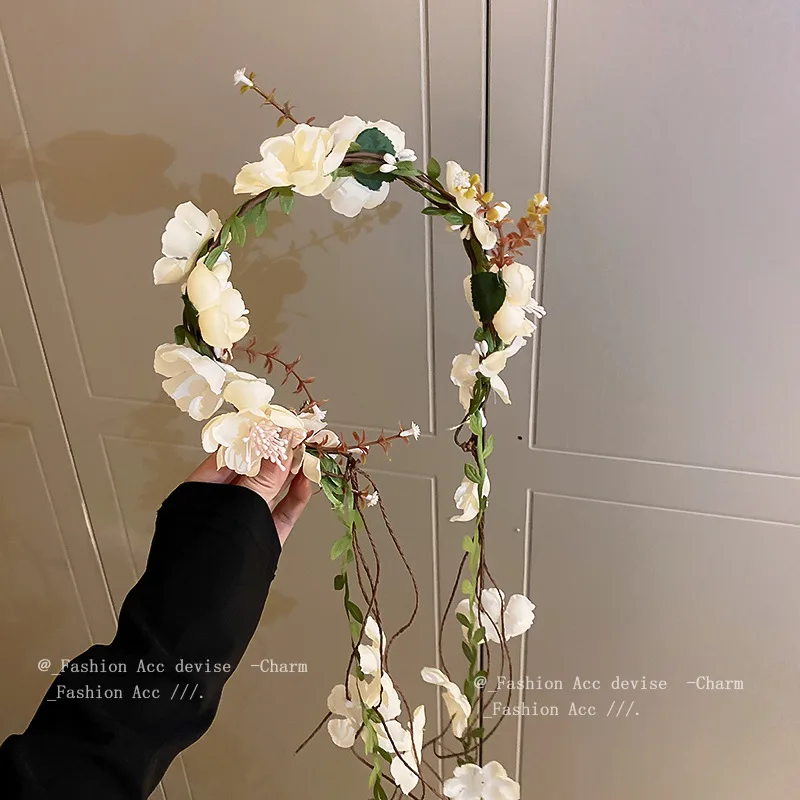 Flower Branches and Leaves Tassel Garland Headband Fashion Forest Headband Artistic Elegant Hair Accessories