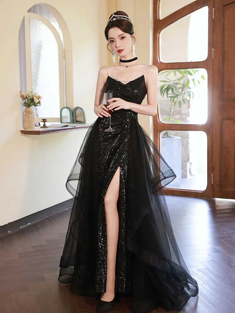 Abito da sera nero classico estivo da donna con perline Slip in Tulle con paillettes abiti con spacco con cerniera lussuosi abiti femminili al pavimento