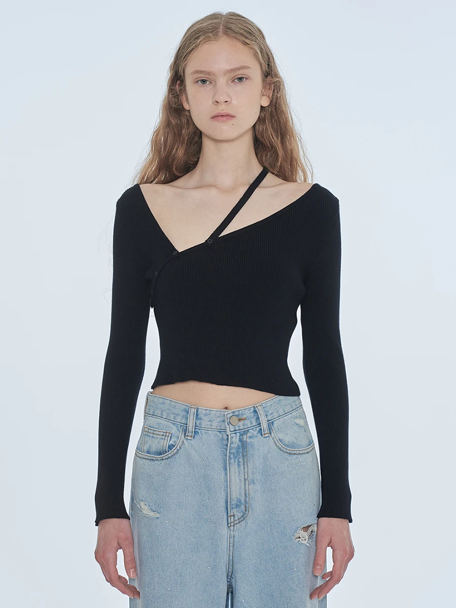 Spring Fashion Sexy Short Knitted Sweater Shoulder Bared Asymmetrical Women's Slim Fit Long Sleeve V-Neck Top Ladies' Wear