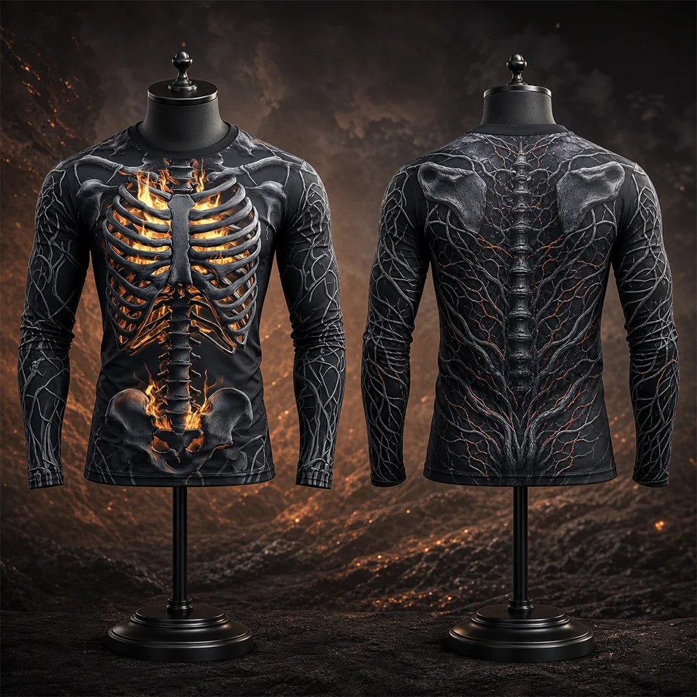 Men's Halloween Skeleton Print Long Sleeve T-Shirt Gothic Trendy Streetwear Casual Breathable Top for Halloween Party Clothing