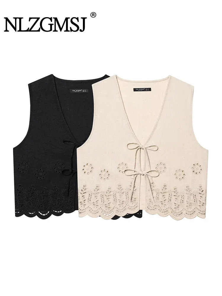 

Chic Women Tops Solid Embroidery Hollow Out V-Neck Sleeveless Short Vest Fashion 2025 Spring Summer Bow Tops