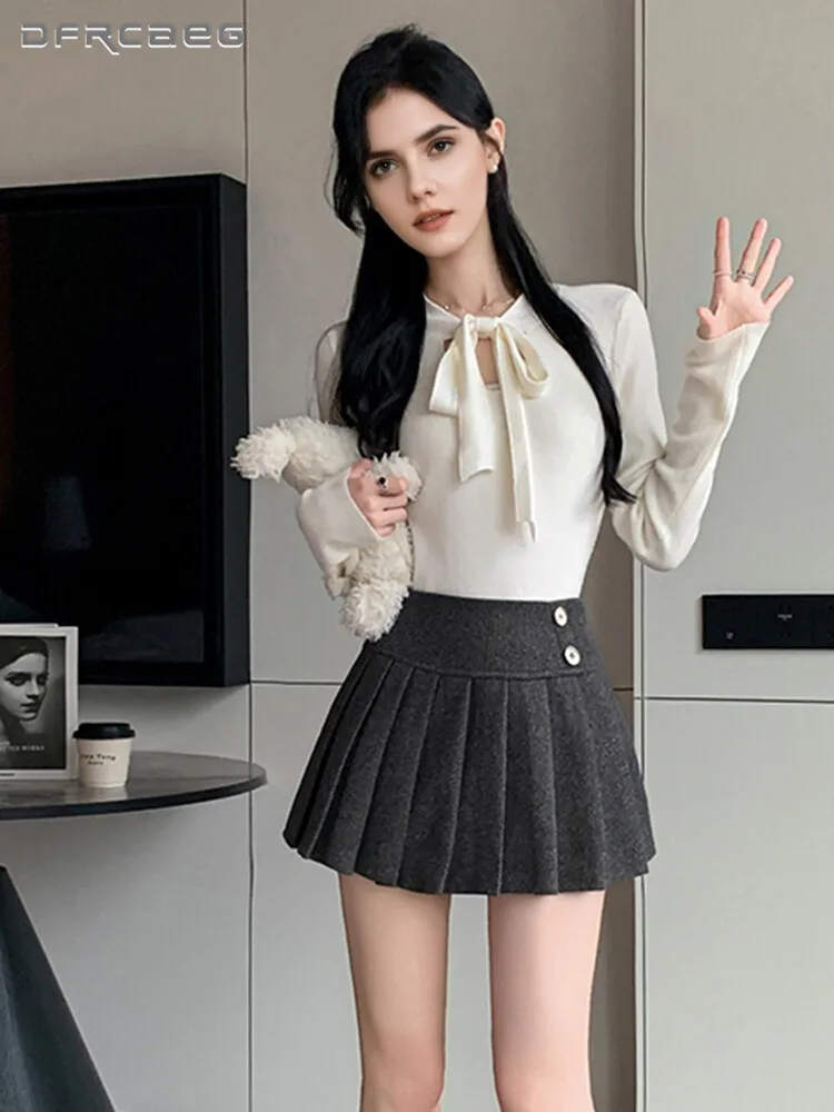 

Шерстяные плиссированные юбки в стиле преппи для женщин, однотонная универсальная теплая зимняя мини-юбка с высокой талией и пуговицами