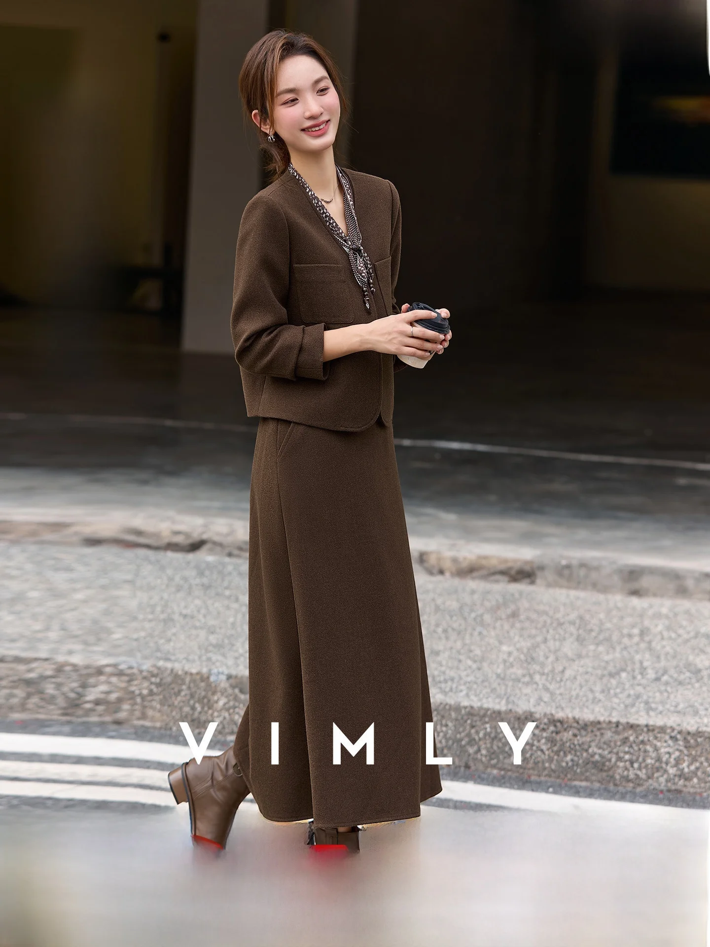 

Ele Winter Women's Woolen Suit Set Two-Piece Outfit V-Ne Long Sve Thiened Polyester Fiber Pure Color Faion