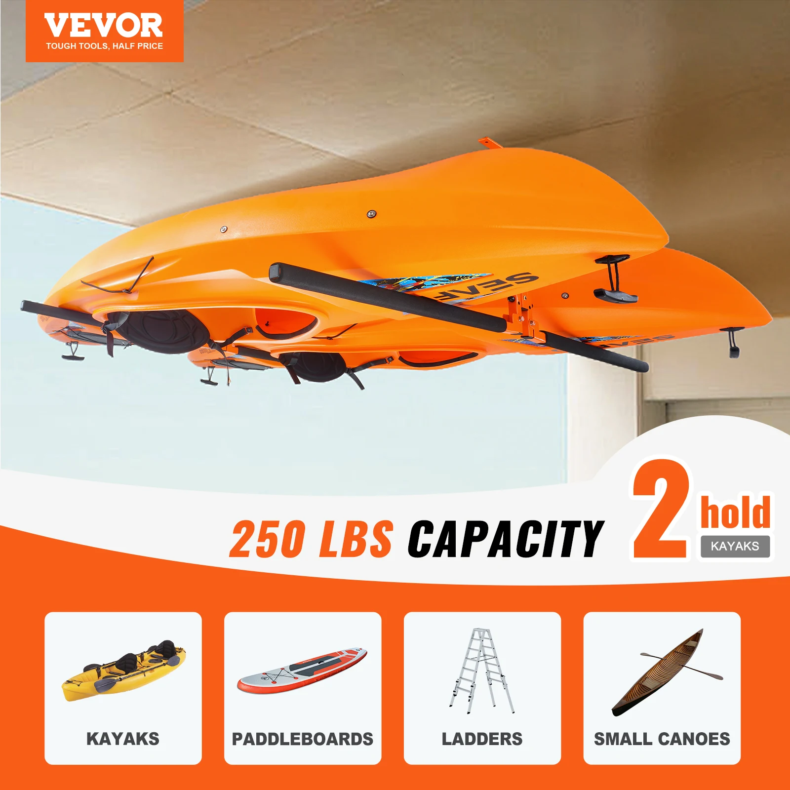 VEVOR Kayak Ceiling Storage Rack Ceiling Storage Rack for 2 Kayak Canoe SUP Adjustable Height Overhead Kayak Holder Hanger