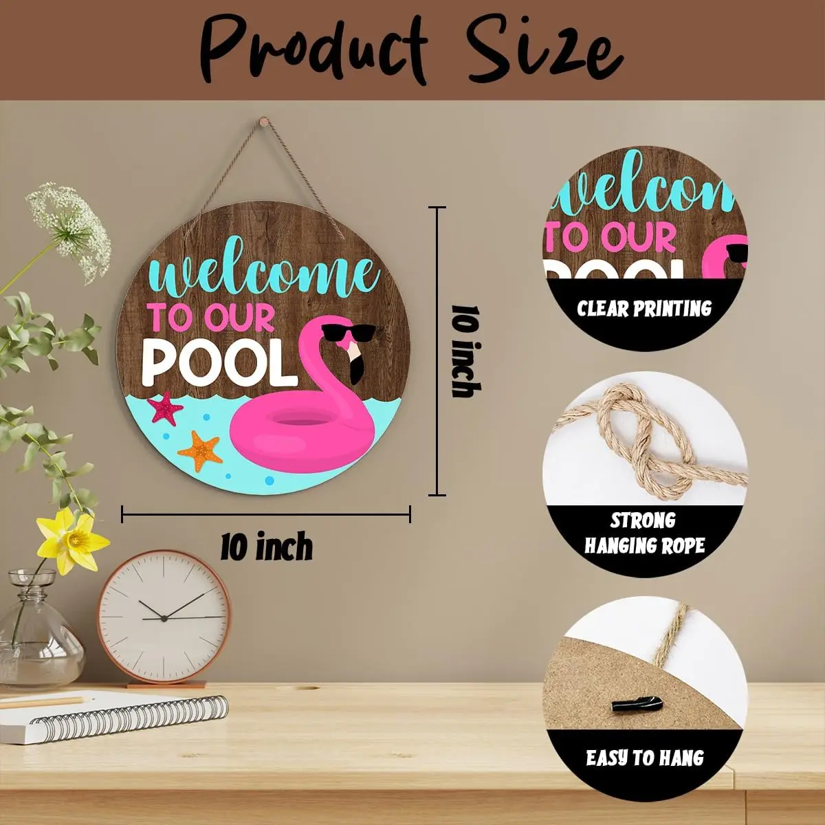 Flamingo Round Welcome Decorative Sign, Welcome To Our Pool Wooden Sign With Rope, Wall Art Decorations for Farmhouse