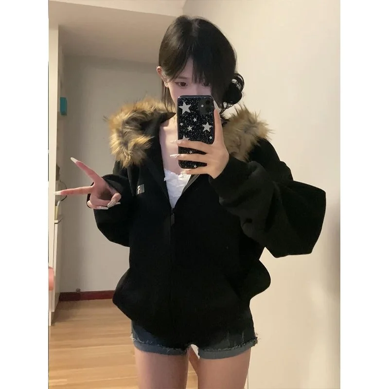 Women Black Zip Up Hoodies Vintage Korean Preppy Style Faux Fur Coat Oversized Casual Sweatshirt Harajuku Autumn Winter