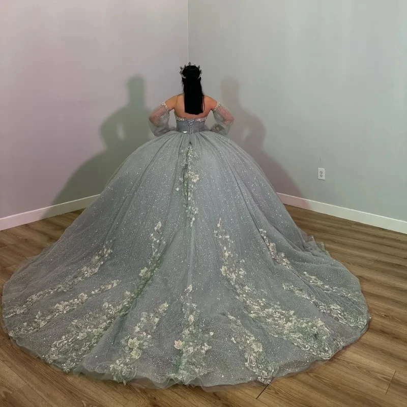 Sage Green Sweetheart Off The Shoulder Quinceanera Dresses Princess Prom Gown Tulle Lace Up Appliques Sweet 15 16 Dress Balll