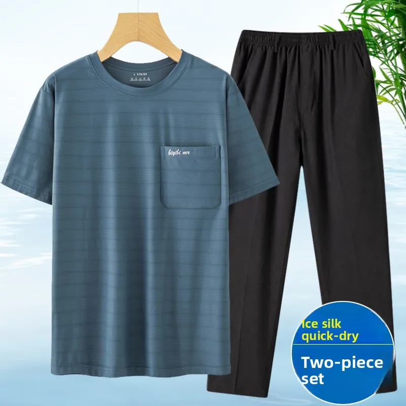 

Ice Silk Thin ort Sve T-irt Home Clothes Set Casual Lightweight Summer Spwear for Middle-Aged And ly Men