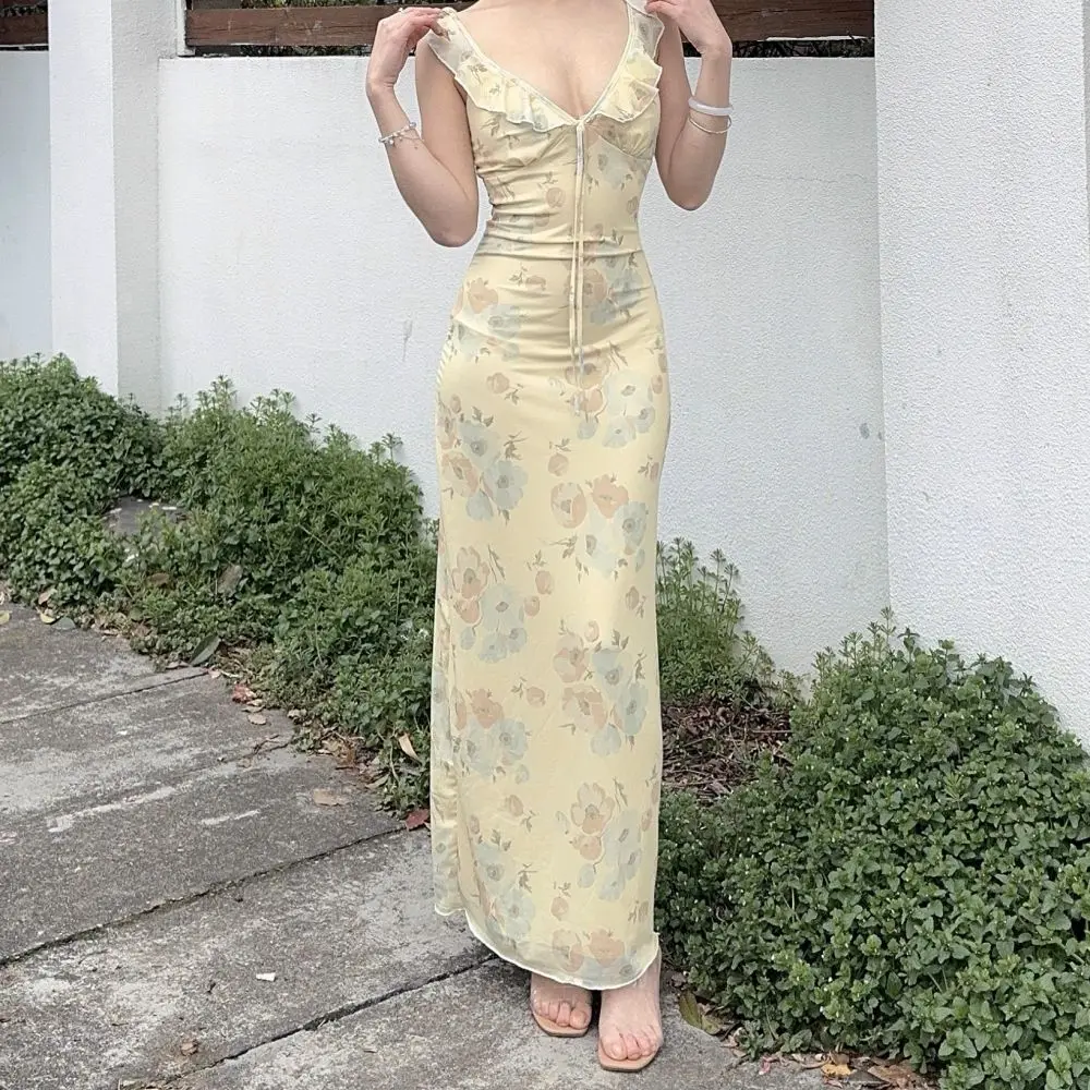 2025 New Summer Floral Print Plunge Maxi Dress Outfits Sexy Backless Fairy Sun Dresses Vacation Beachwear Vestido Coquette