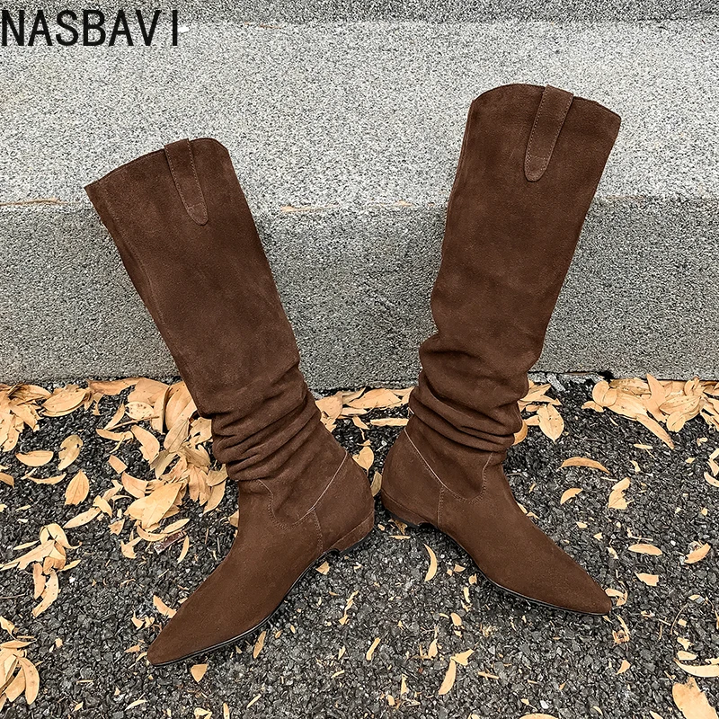 NASBAVI 2026 موضة البقرة المدبوغ أخبار النساء حذاء برقبة للركبة الخريف النعال الكعوب أشار تو أحذية طويلة الشتاء أحذية امرأة 34-40