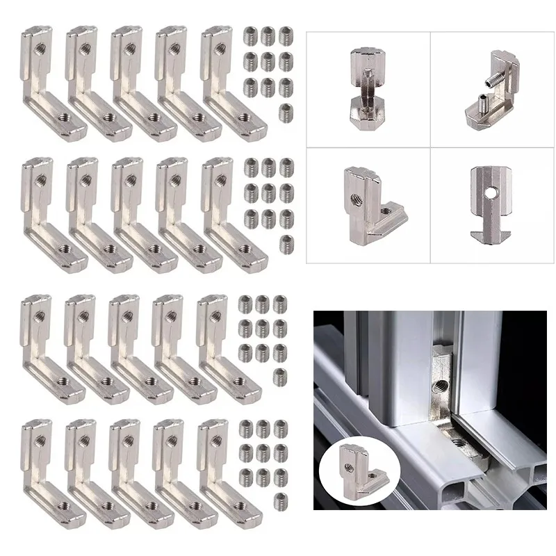 20pcs T-Slot L-Shape Corner Brackets with Screws, Silver Aluminum Profile Connectors for 2020 3030 4040 EU Standard