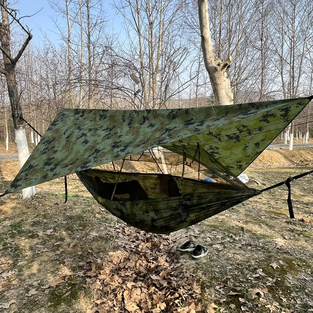 Camouflage Pattern Mosquito Net Hammock 290x140 Cm Portable Easy Set up with Wind Rope And Nails for Camping Travel And Yard