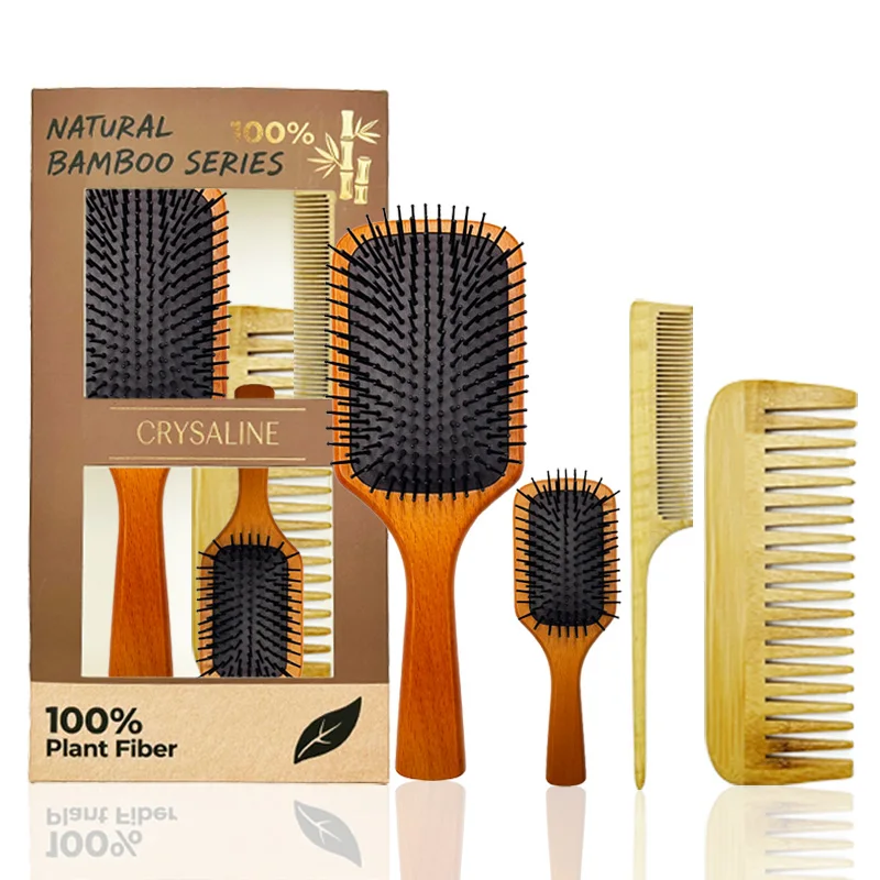 

4-Piece Beechwood Comb Set with Cushion, Massage Comb, Wide Tooth Comb, Pointed Tail Comb for Hair, Family Pack
