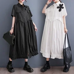 #3340 Black White Long Shirt Dress Women Turn-down Collar Split Joint Flower Pleated A-line Dress Short Sleeve Loose Summer 2025