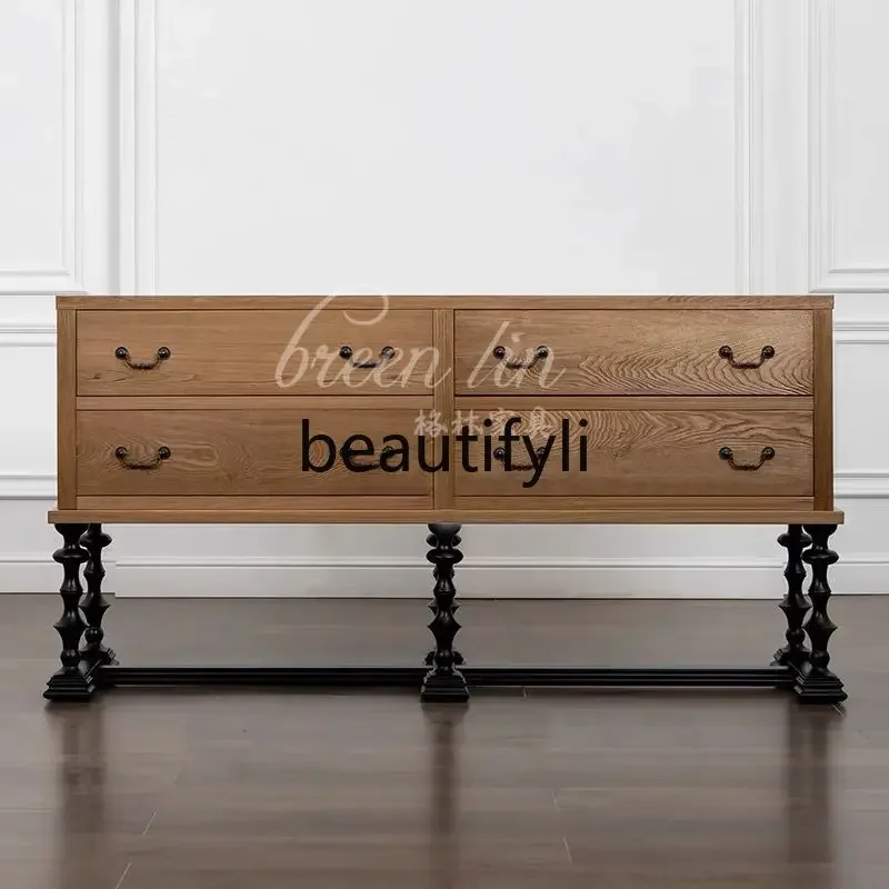 

contrasting color solid wood dining side cabinet villa living room storage locker French retro storage four chest cabinet6220