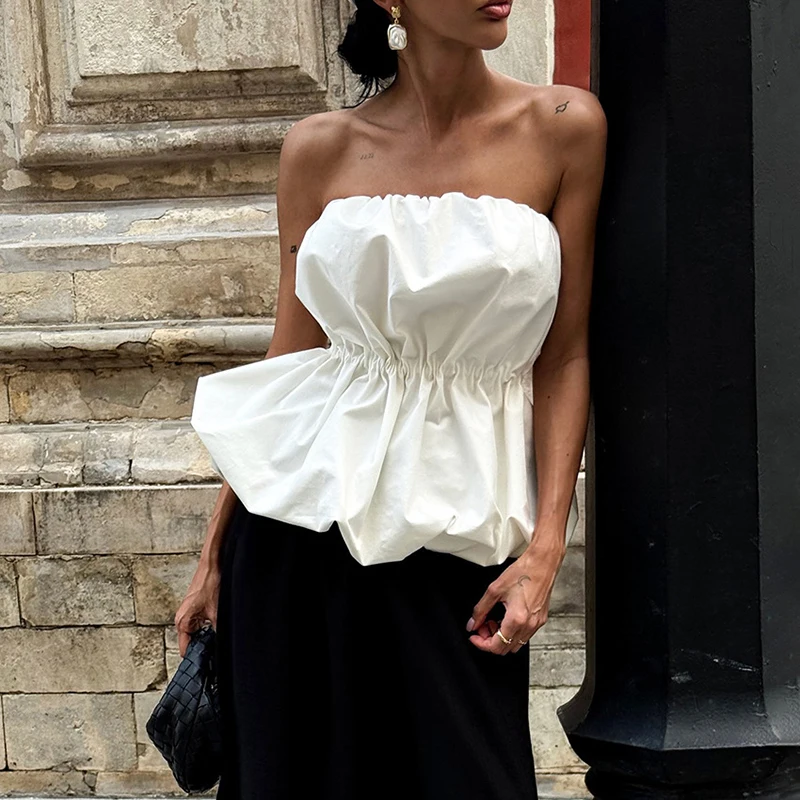 

Tornova Fashion Pleated Strapless Vest Hot Girl Sexy Sleeveless 2026 Summer New Slim Club Party Top Solid Female Commuting Tanks