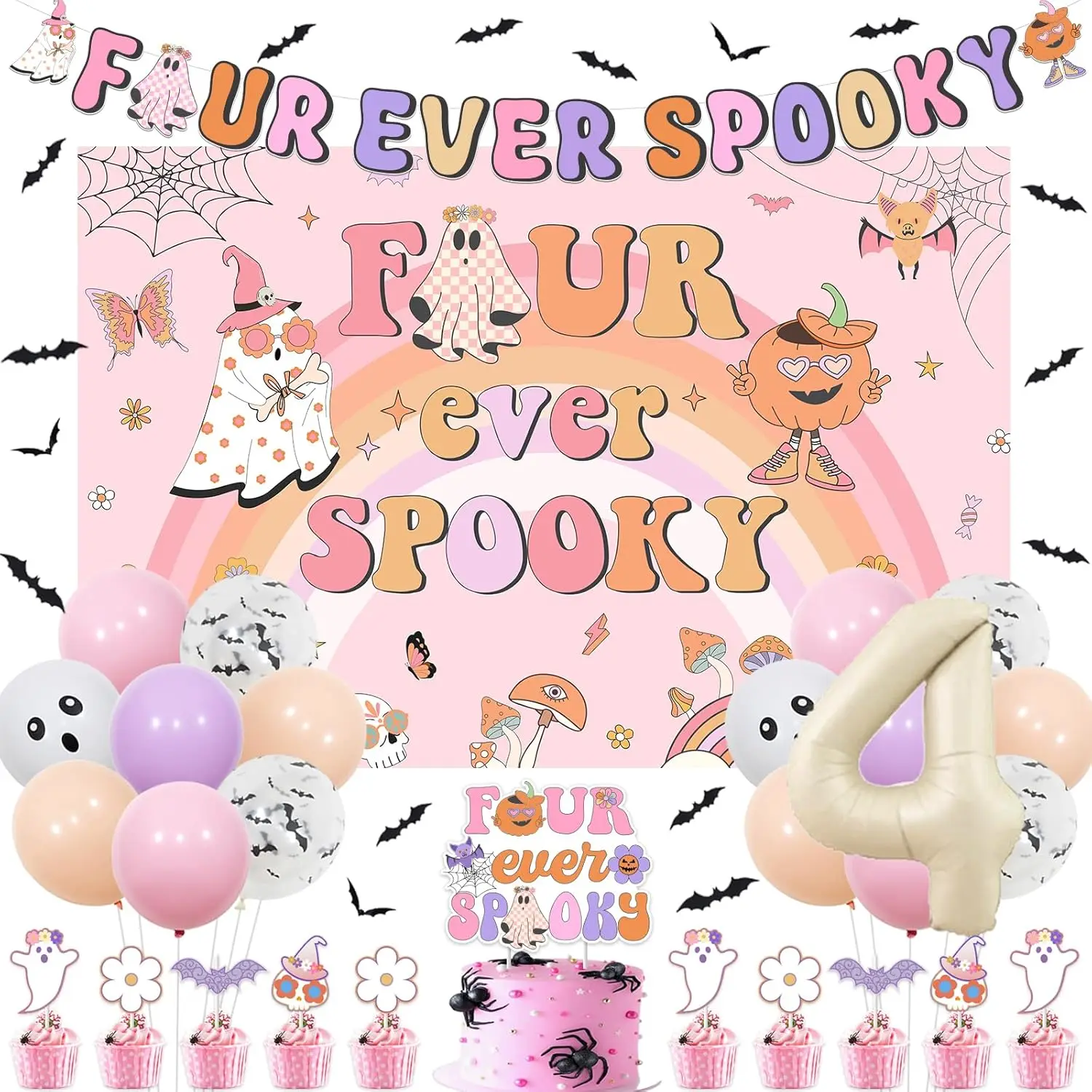 Sursurprise Four Ever Spooky Groovy Halloween Decorations for Girls Cake Cupcake Toppers Backdrop Banner for 4th Birthday Party