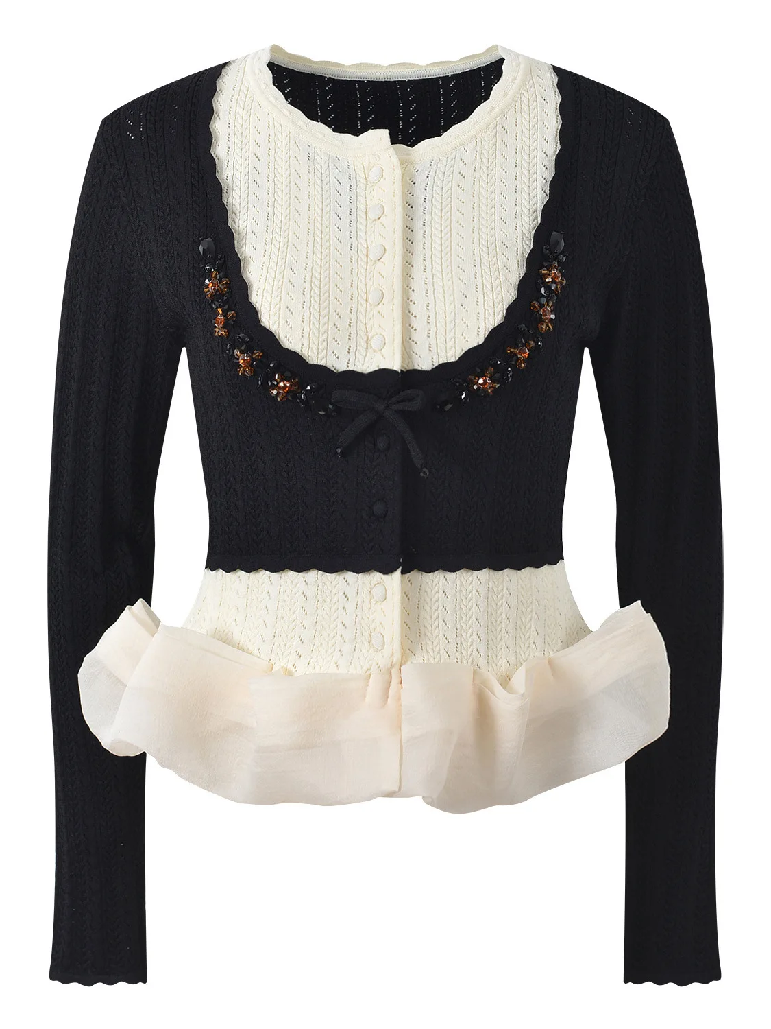 معطف Sweet Slimming Beaded Flower Hem Knitwear Jaet Color Blo Commute Sle طويل Sve مستدير للنساء