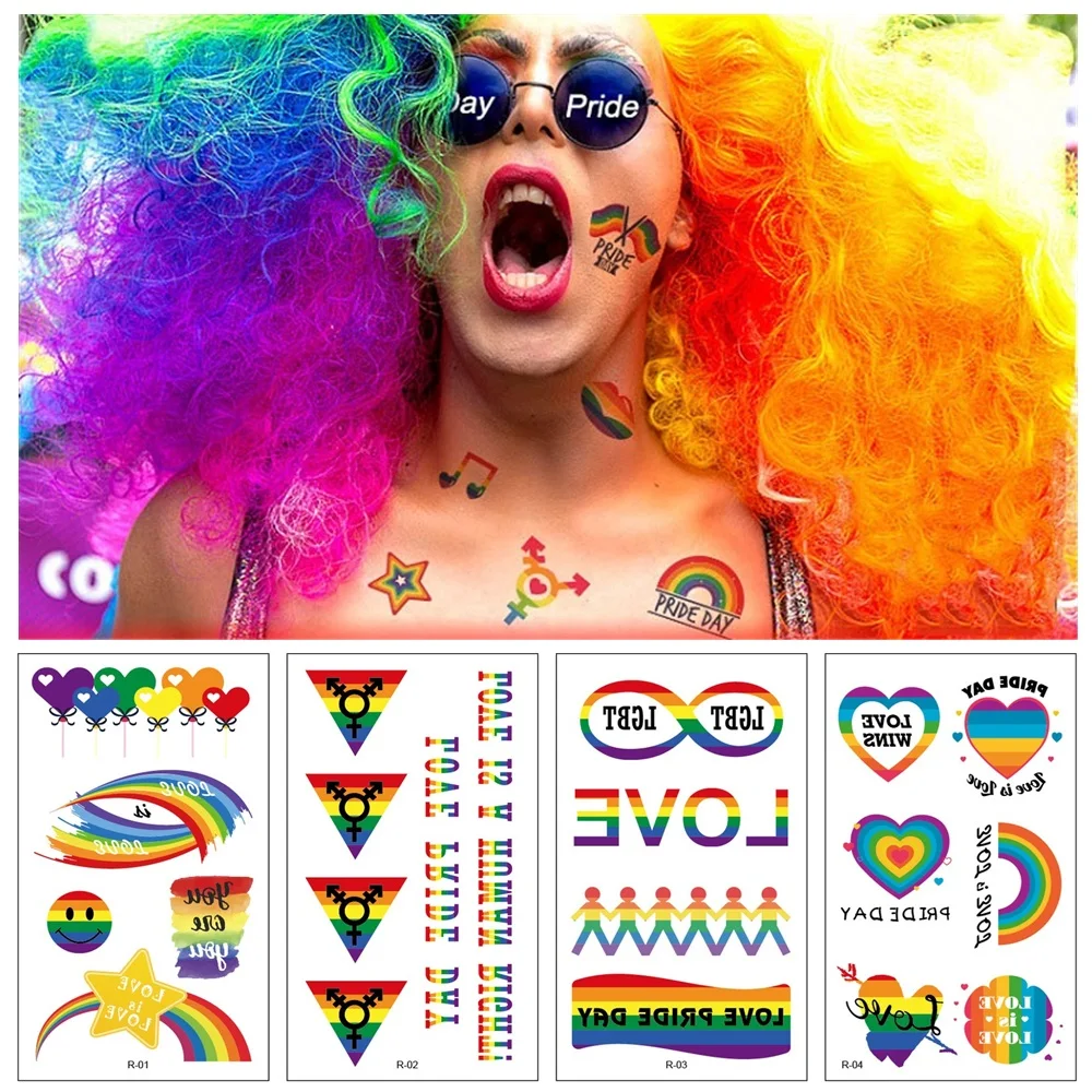 10pcs/set Pride Day Colored Translation Temporary Tattoo Stickers No Repeat Waterproof LGBT Rainbow Disposable Body Art Makeup