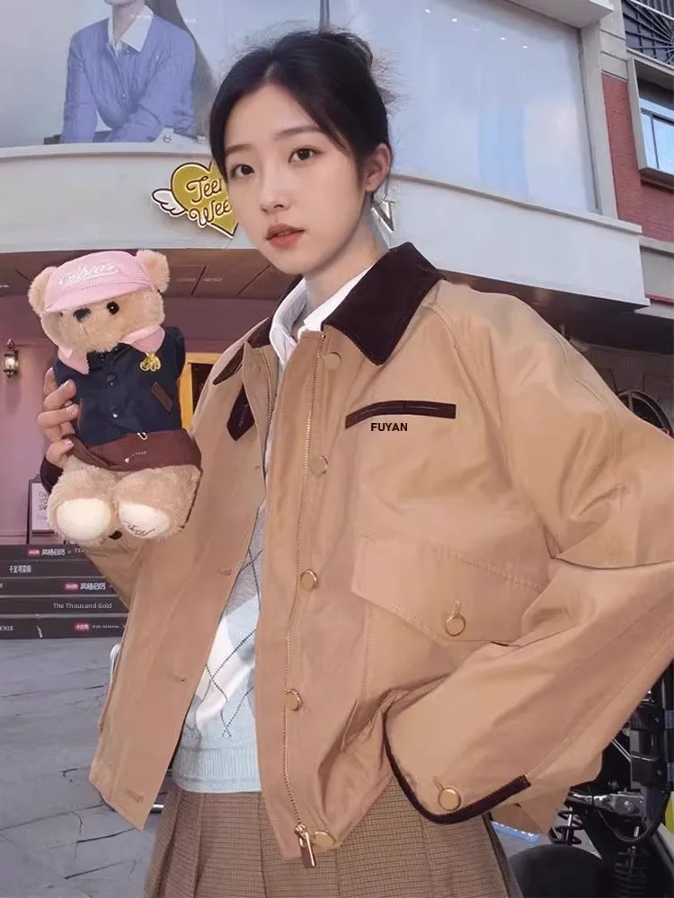 

Женская повседневная куртка цвета хаки с воротником, модная, короткая, в американском стиле, весна-осень, новинка, гарантированное тепло, на молнии