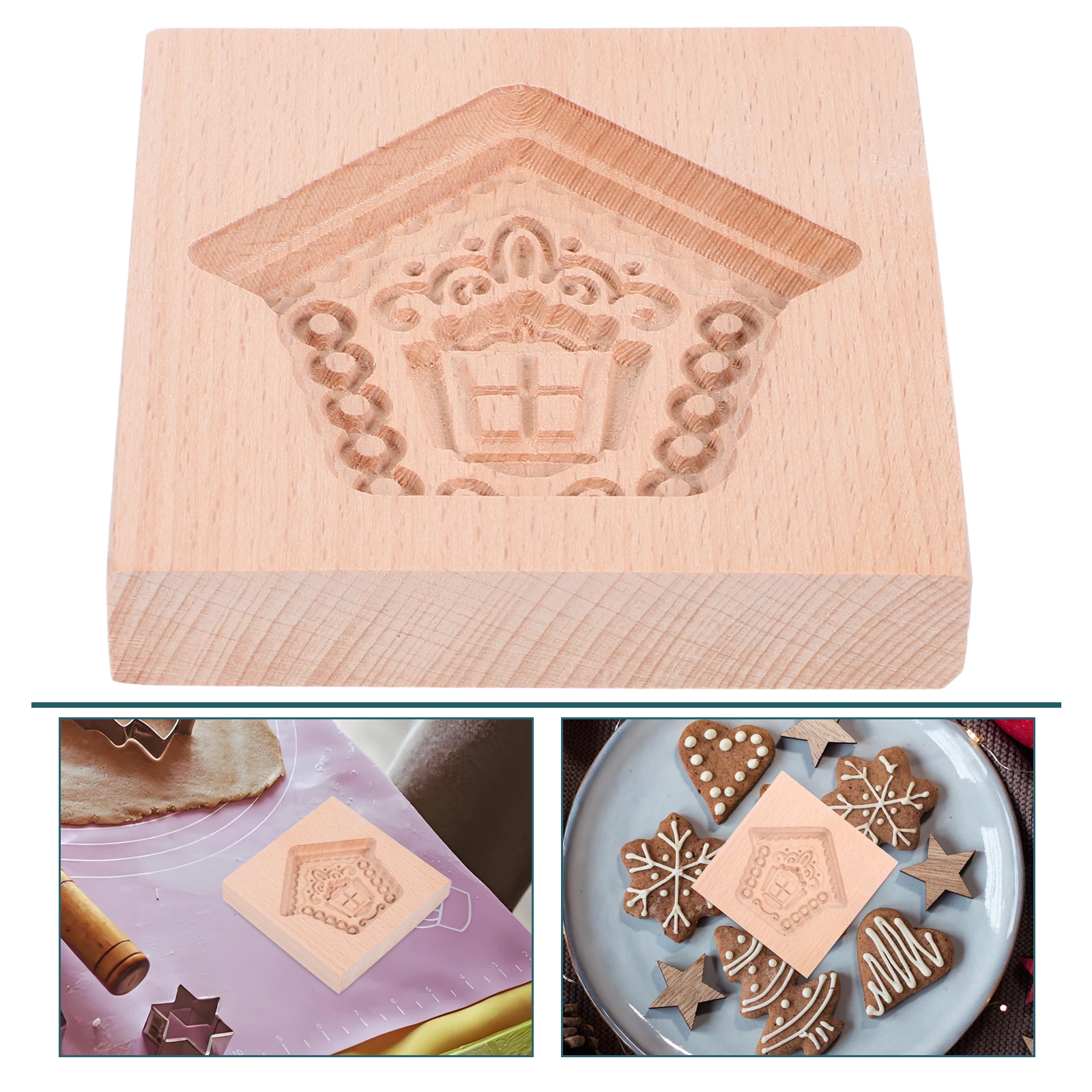 

Wood Cookie Molds Carved Christmas House Biscuit Molds Holiday Baking Embossing Stamps DIY Wooden Cookie Cutter Tools