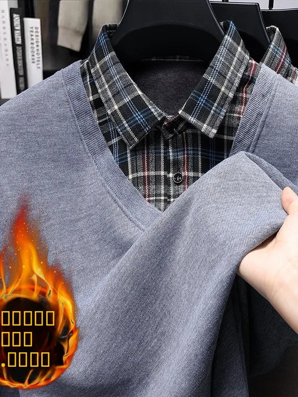 

Thiened Faux Two-Piece Knitted Sweater Men's Warm irt Collar Winter Casual Sle Long Sve Anti-Deformation Antibacterial
