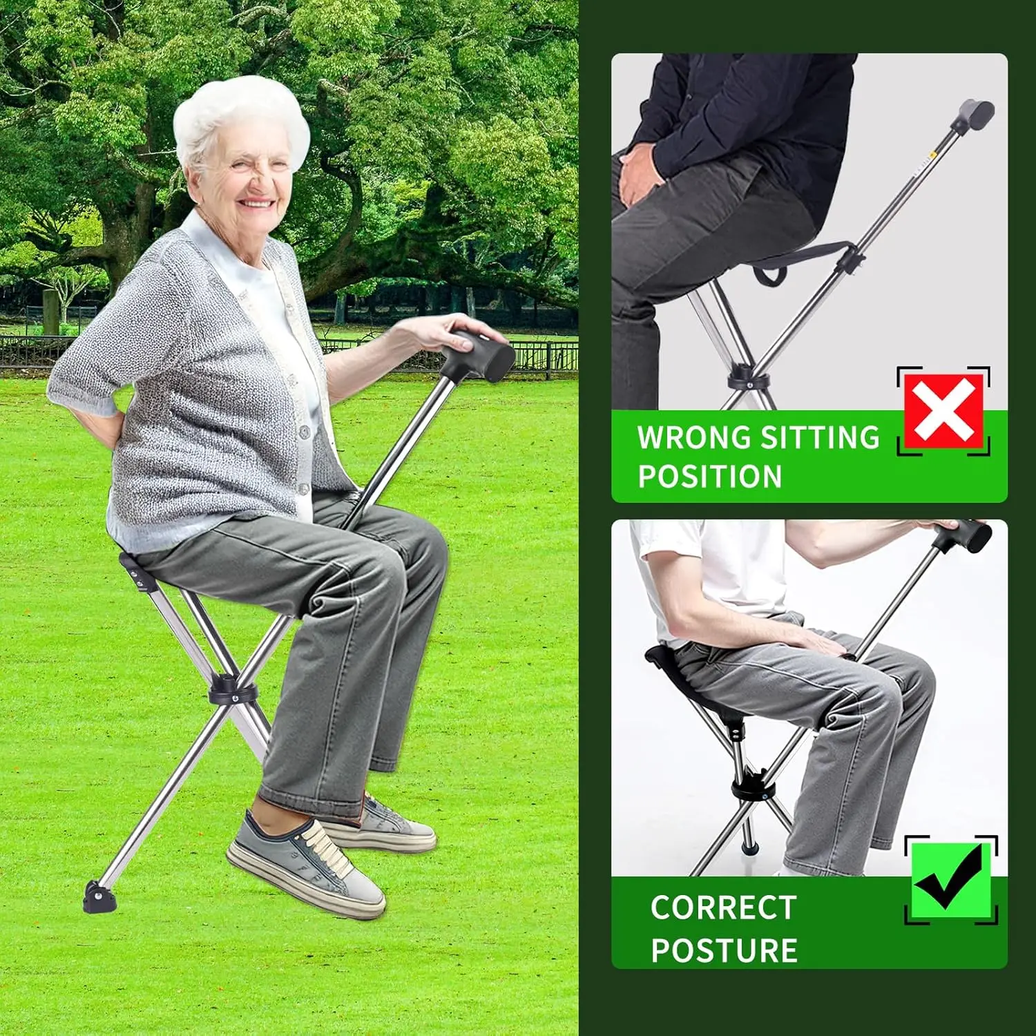 Outdoor Collapsible Stool Chair Adjustable Telescopic Cane with Seat Lightweight Mountaineer Hike Camping Elderly Walking Stool image 6