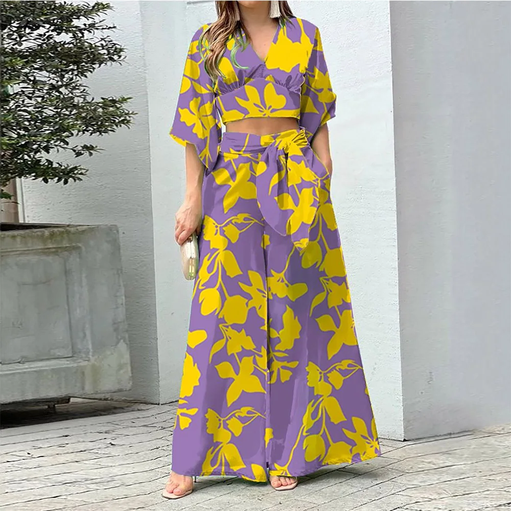 طقم بنطال بأرجل واسعة وأعلى قصير ورقبة V وأكمام ثلاثة أرباع ، طقم نسائي كاجوال من قطعتين ، بنطال فضفاض عالي الخصر مع جيوب ، برباط