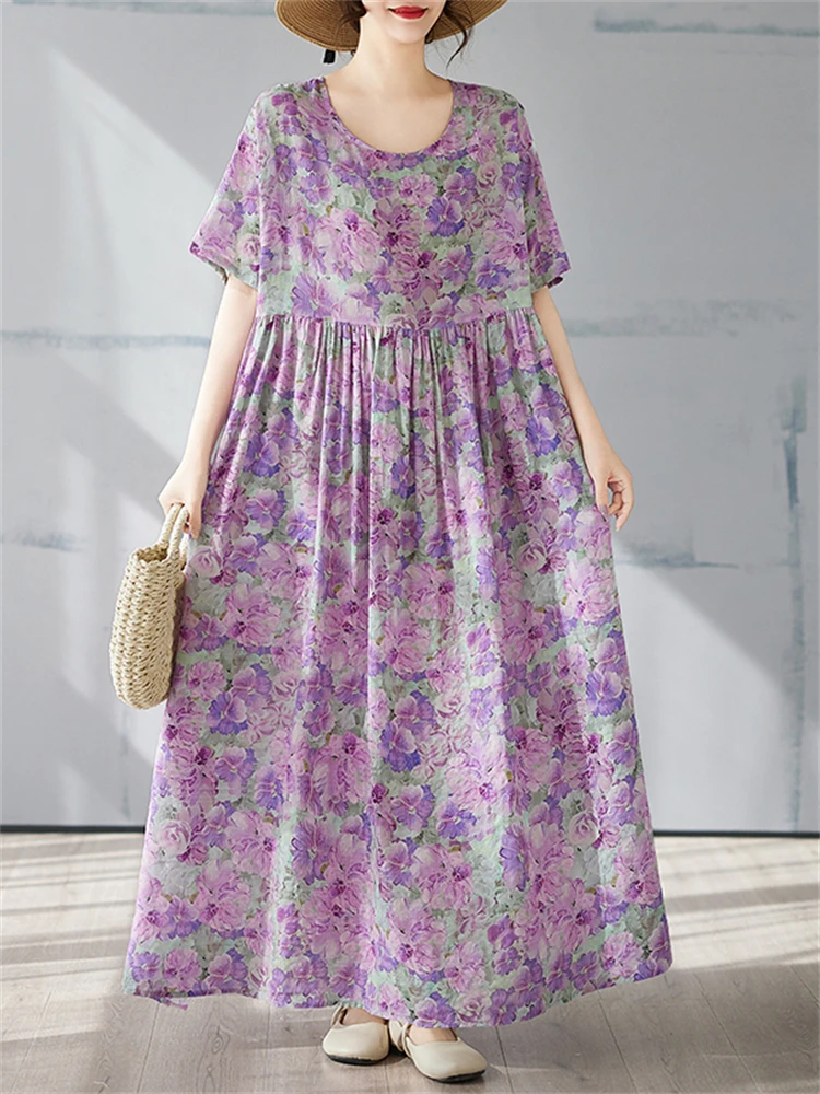 Vestidos Vintage de algodón de manga corta para mujer, vestido informal holgado largo de color morado claro, Vestidos elegantes para mujer, ropa de verano