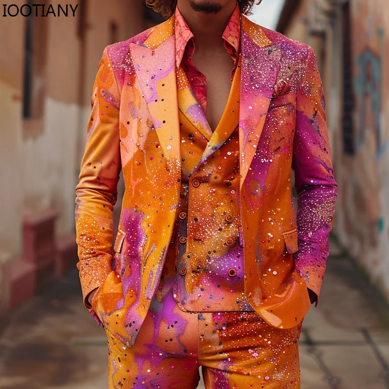 Men\'s Colorful Painting Suit British Men\'s Suit Jackets And Pants Nightclub Stage Cool Performance Suits Wedding Banquet Suits