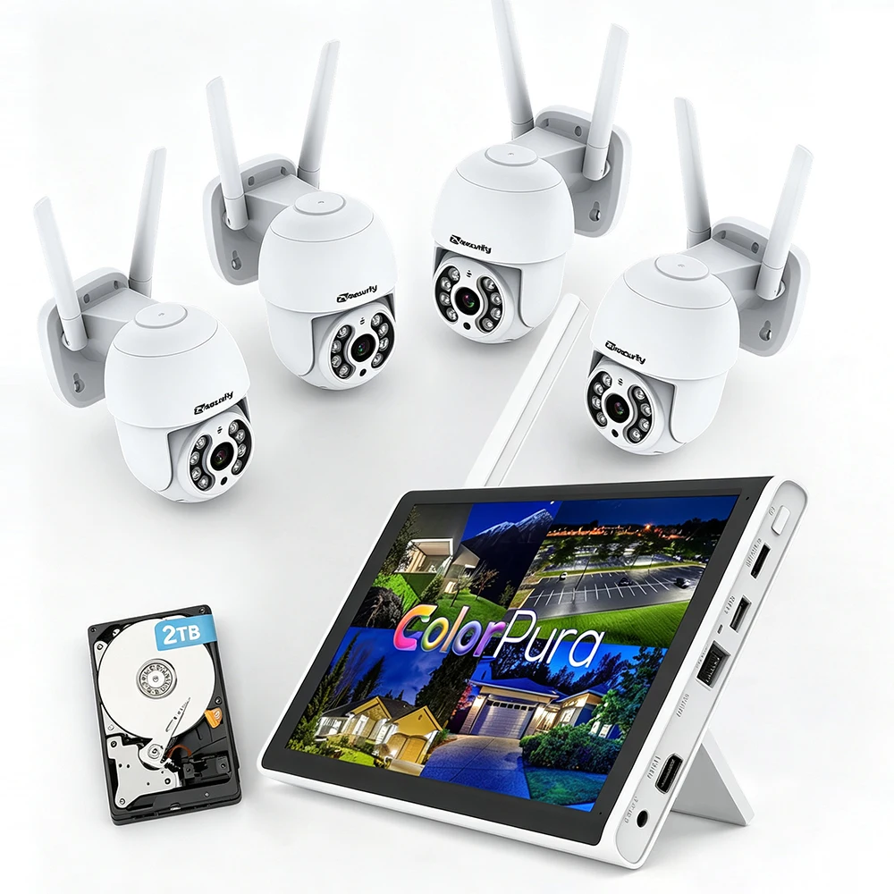3MP Wireless WiFi Surveillance Kit Outdoor IP PTZ Security Camera System 8CH NVR Kit with 10 Inch LCD Monitor Home Security Sets