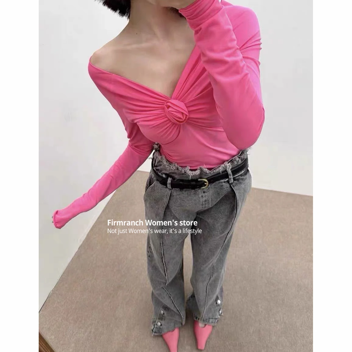 Firmranch 2024 Spring Women's Slim Tights T-shirts Pink Black Line Collar Off The Shoulder Long Sleeve Skinny Shirts