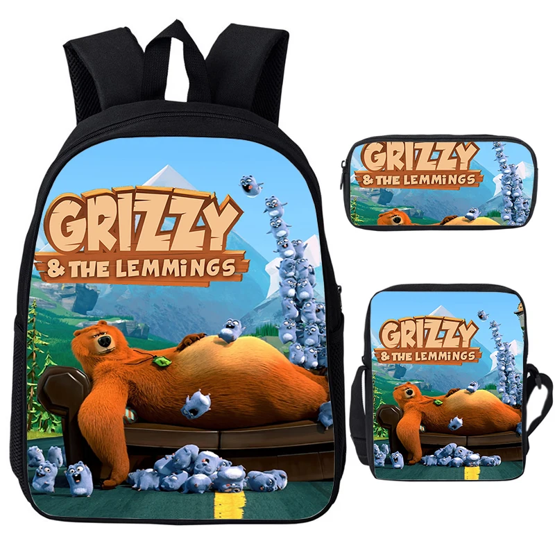 Grizzy And The Lemmings-mochila con estampado para niños y niñas, Juego de 3 piezas, mochilas escolares de dibujos animados, impermeable, para ordenador portátil