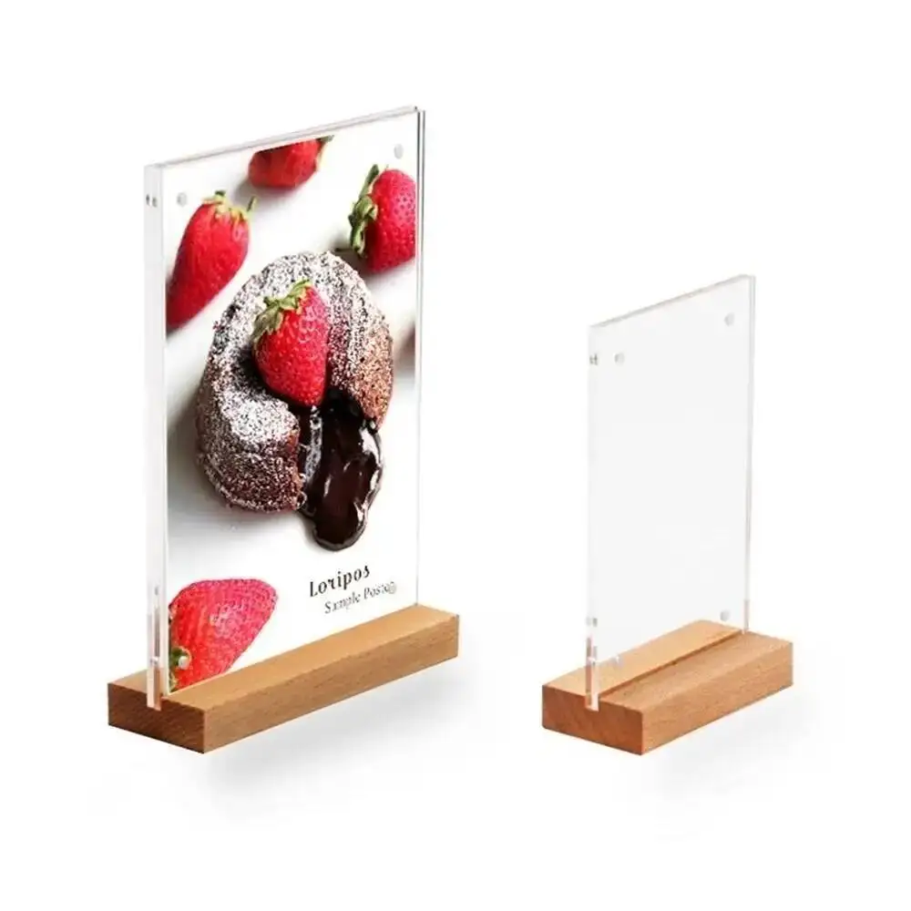 アクリル製トップローディング両面ディスプレイラベルホルダー木製ベースホテルカフェレストラン食品広告ポスターフレームデスクサイン