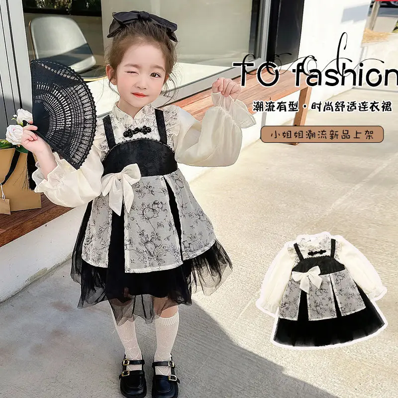 

Lolita Dress New Spring Autumn Girls Fake 2Pcs set Princess Dress Children Dresses Bow Lace Floral Retro Party Gauze Skirts