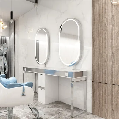 

Hair Salon Mirror Styling Station Salon Furniture Barber Station Table Mirror Station
