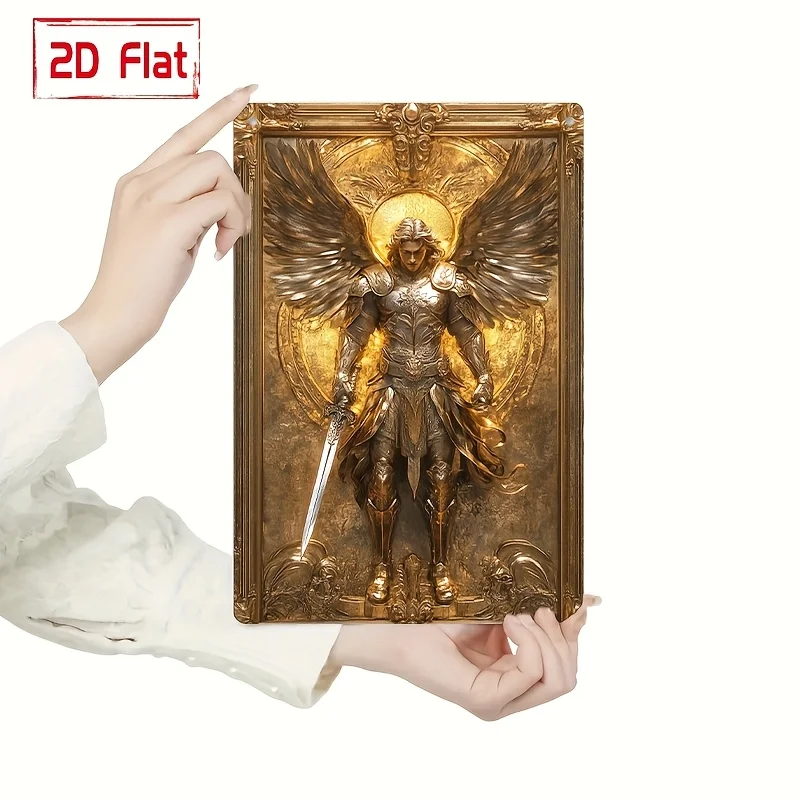 2D flat metal sign featuring the golden wings of the Archangel Michael, vintage art decorative poster, pre-drilled for easy hanging, suitable for home, garage, club, restaurant wall decoration, outdoor sign, no electricity required view 6