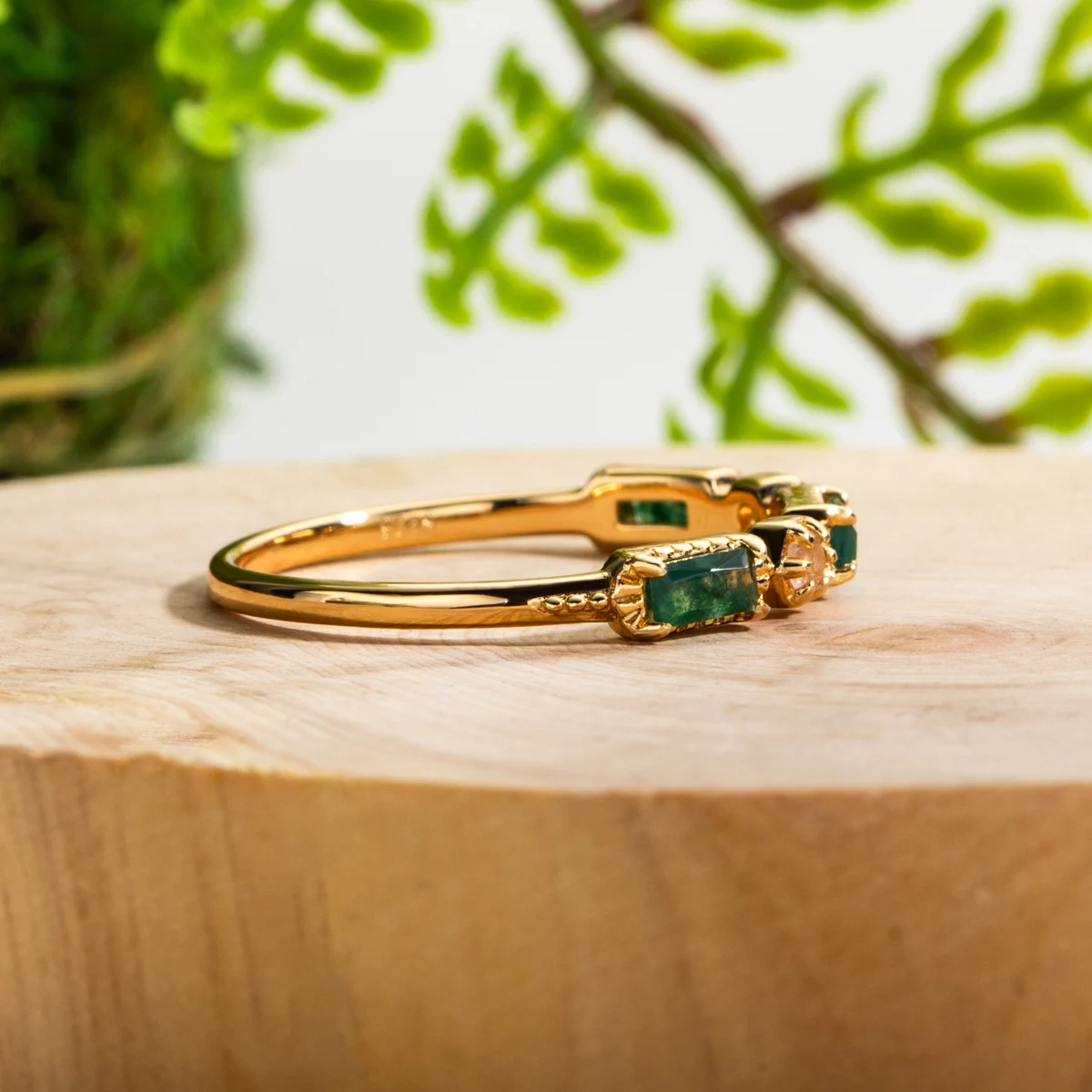 AliMoss 2*4mm 0.1ct Geometry Cut Moss Agate Wedding Half Eternity Band Rings 925 Sterling Silver Gold Plated CZ Ring for  You