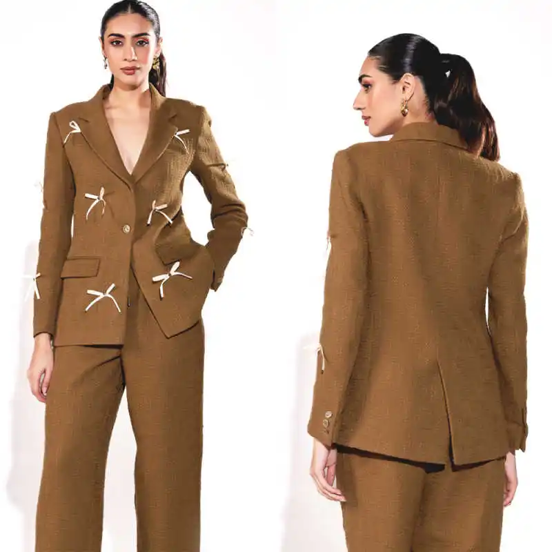 Unique Design Women Suits 2 Pieces Jacket Pants Nontch Collar Single Breasted Bow Jacket Banquet Party Street Customized