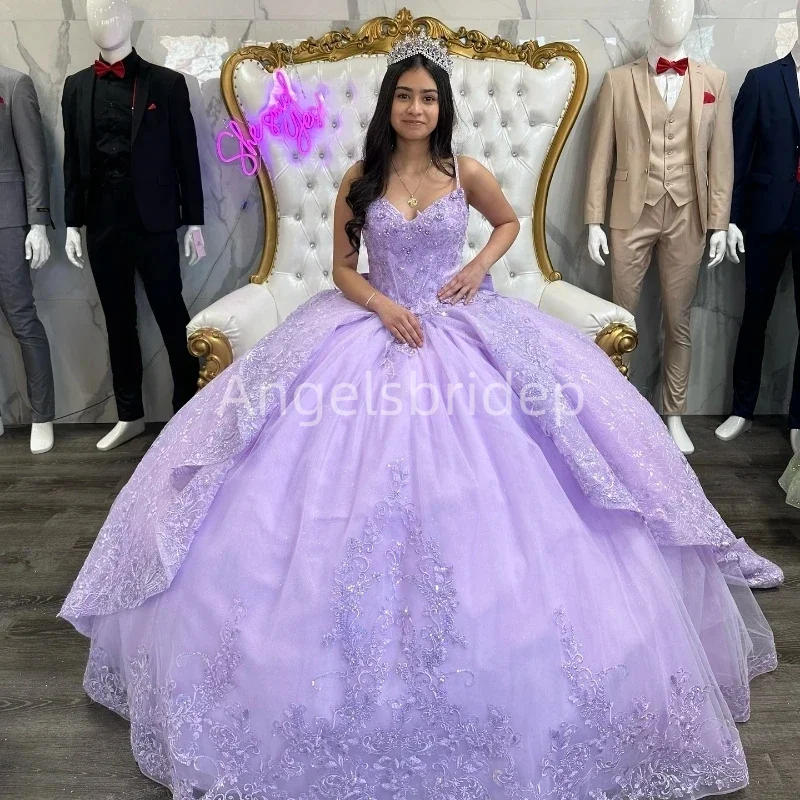 

Angelsbridep Spaghetti Straps Lavender Vestidos De Fiesta 2025 Ball Gown Quinceanera Dress Beading Girls Evening Party Dresses