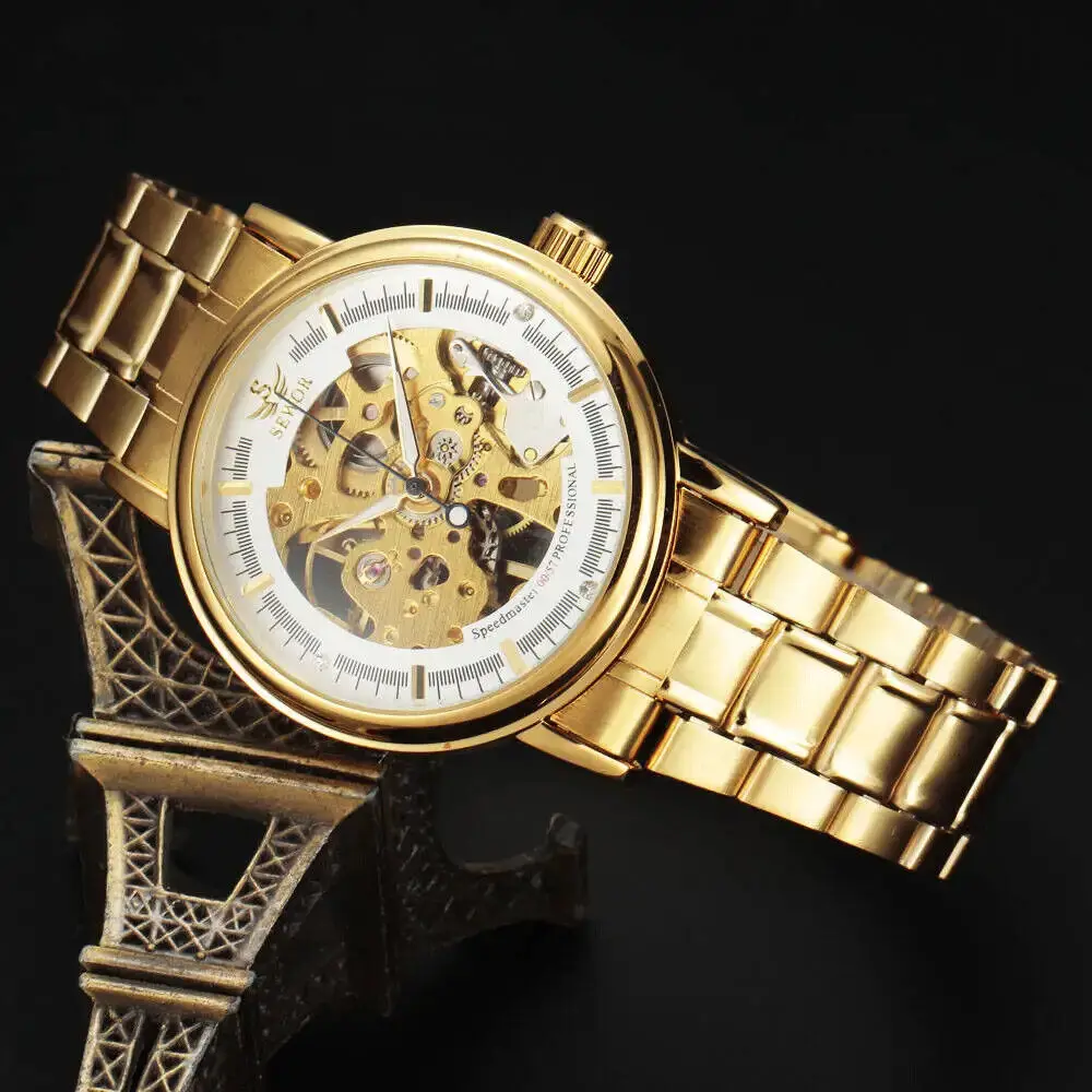 

SEWOR Brand Watch Men's Golden Skeleton Mechanical Wristwatch Hand Wind Watch Stainless Steel Band