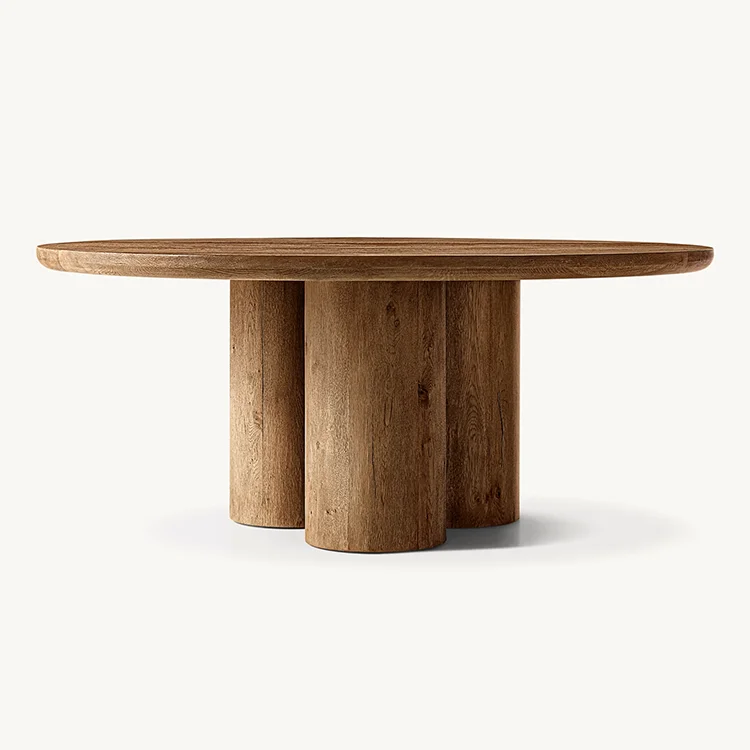 Big Natural Color Column Tripod Oak Wood Round Dining Table Round Timber Dining Table With Veneer