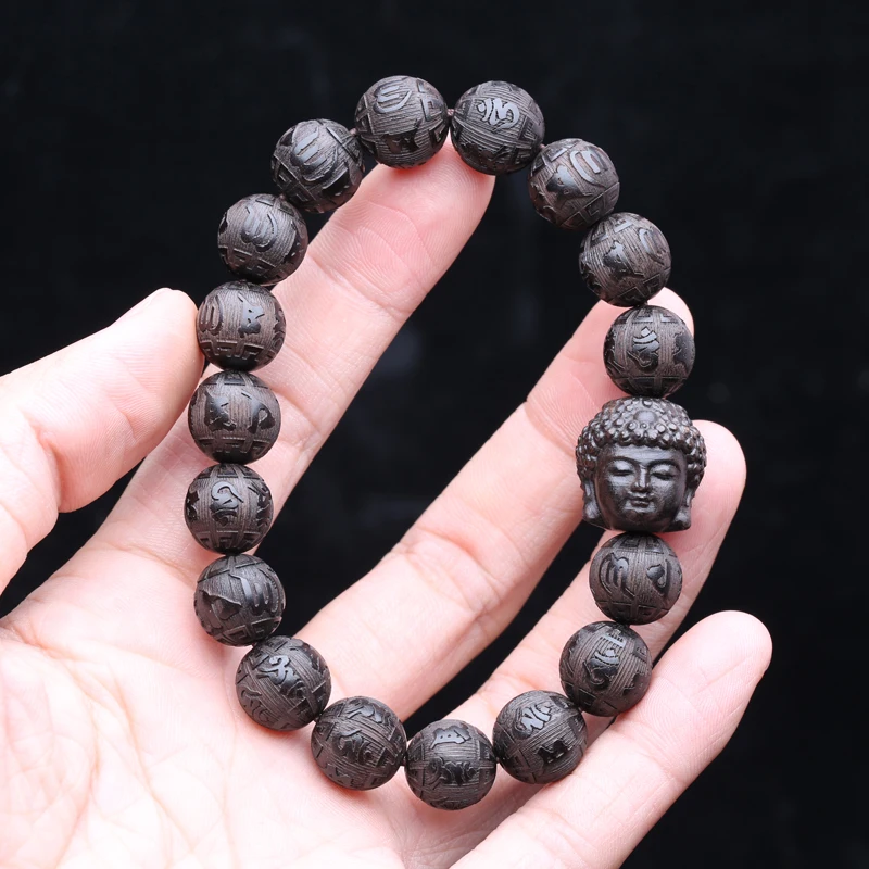 Authentic Natural Ebony Tibetan Six-Character Mantra Tibetan Prayer Wheel Bracelet 15mm Unisex Bracelet