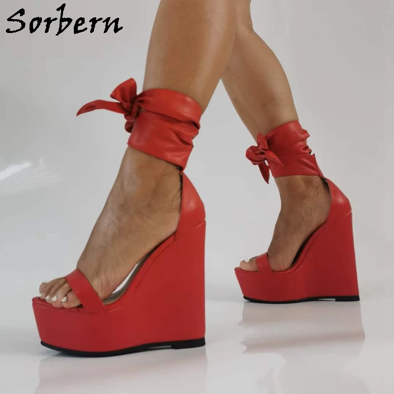 Sorbern Red Matte Wedge Sandals Women Summer Style Lace Up Wide Ankle Wrap Straps Platform Shoes Custom Plus Size