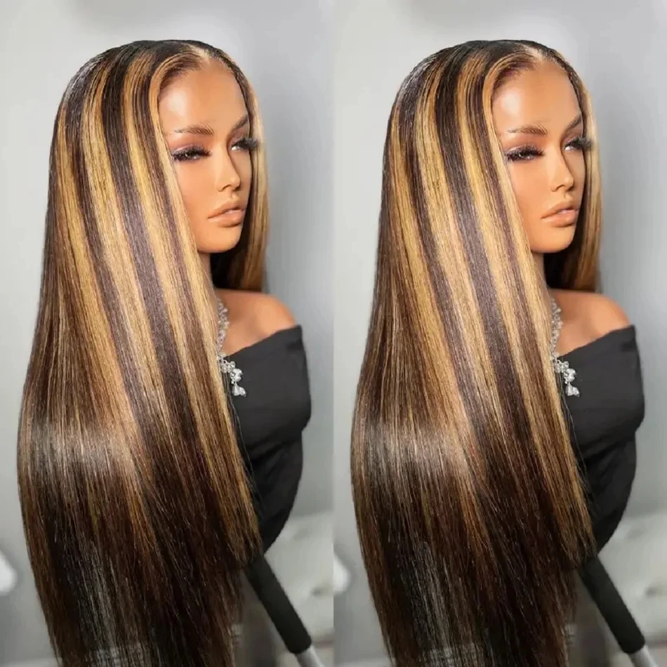 

30 40 Inch P4/27 Highlight Ombre Brown Straight Human Hair 13x6 HD Lace Wig Honey Blonde Colored Pre-Plucked Wigs For Women