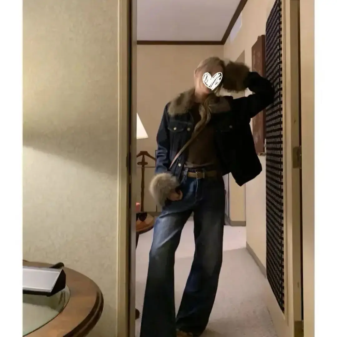 

Джинсовые пальто для женщин, длинные меховые плюшевые женские зимние бокс-фили в минималистском стиле в стиле бохо, городской офис, анти-запах, шикарная на плюшевой подкладке с капюшоном